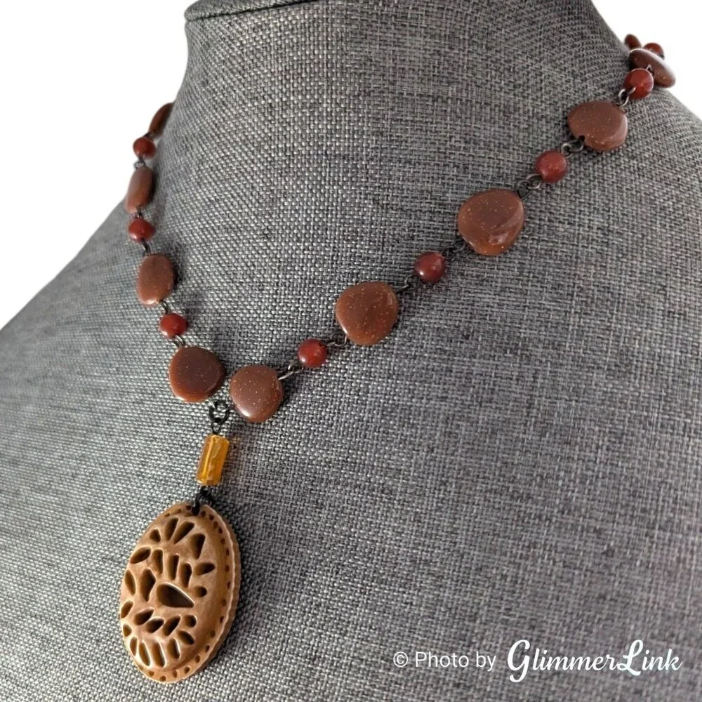 Vintage Bohemian Faux Goldstone Beaded Carved Pendant Necklace